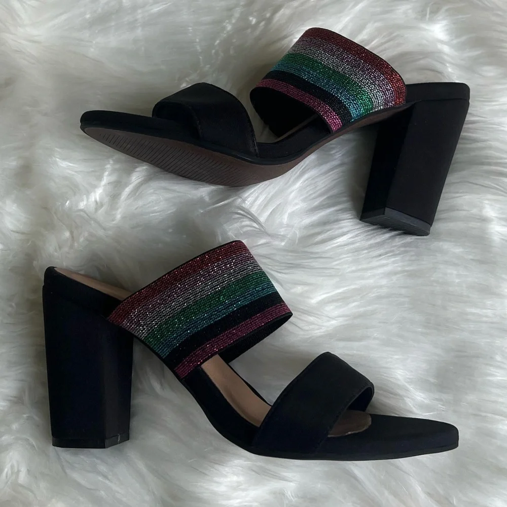 Kaanas size 37 NWOT black pink green multi color sparkley block heels